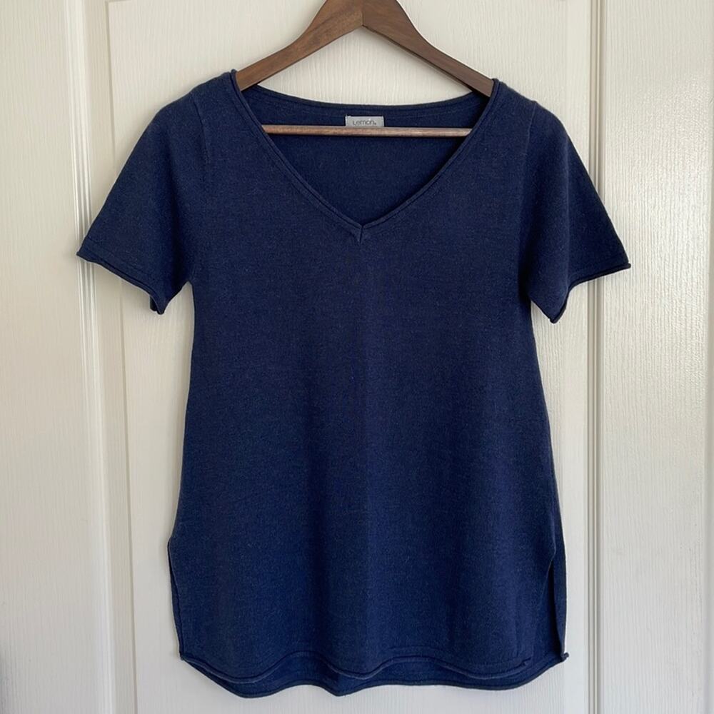 The Lemon Collection Navy Blue V-Neck Short Sleeve Alpaca Blend Shirt Size S